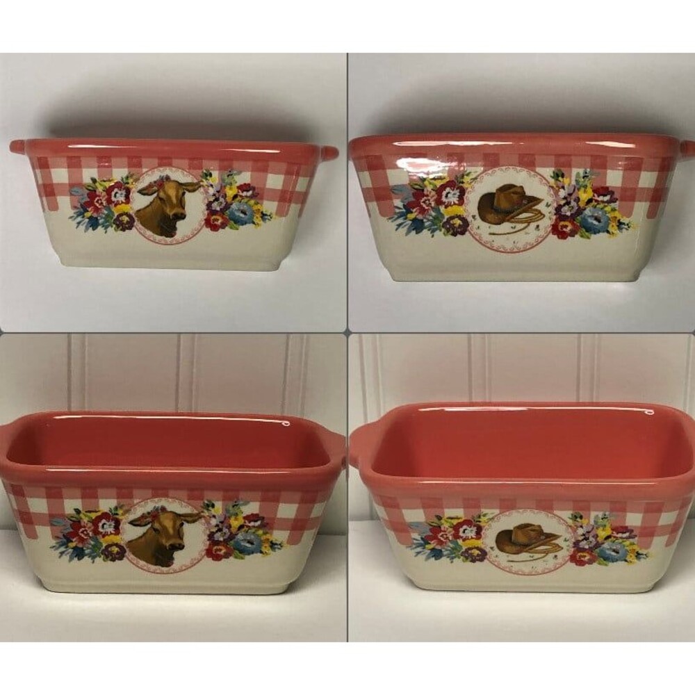 Pioneer Woman Mini Loaf Pan Sweet Romance Floral Stoneware Gingham Pink 4pc